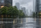 雨に濡れた都心のビル街と交差点
