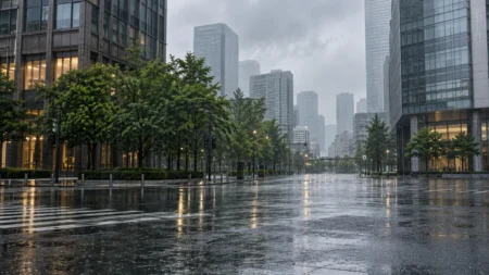 雨に濡れた都心のビル街と交差点