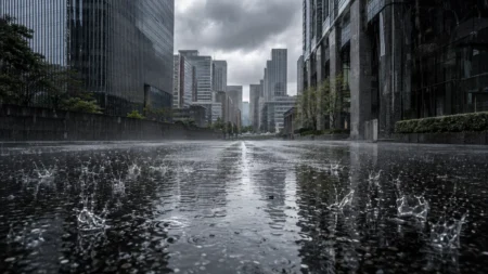 都心のビル街に激しい雨が降り注ぎ、水たまりに雨粒が跳ねる様子