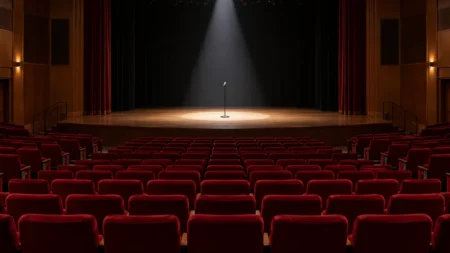 スポットライトが当たるセンターマイクと開演前の無人の客席