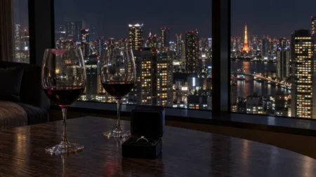 夜景を望むマンションの一室のテーブルに置かれた婚約指輪の小箱と2つのワイングラス