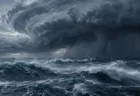 海上に広がる台風の厚い雨雲と荒れた海