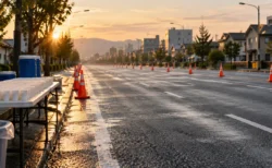 早朝の市街地コースに置かれた給水テーブルとカラーコーン