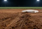 ナイター照明に照らされた野球場の二塁ベースとスライディングの跡