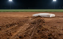 ナイター照明に照らされた野球場の二塁ベースとスライディングの跡