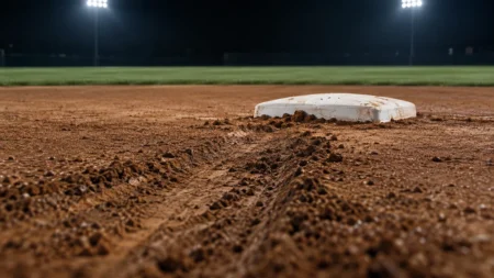 ナイター照明に照らされた野球場の二塁ベースとスライディングの跡