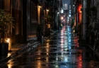 雨に濡れた夜の東京の路地とネオンのぼけ