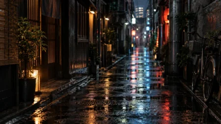 雨に濡れた夜の東京の路地とネオンのぼけ