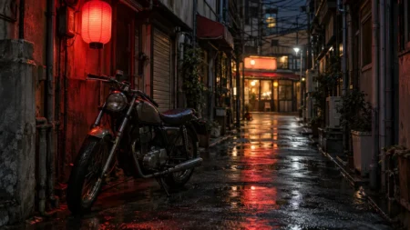 大阪の下町の裏路地に赤い明かりが灯る夜の情景