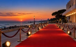 夕暮れの海沿いに無人のまま伸びる映画祭の赤いカーペット