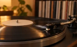 暖かい照明の部屋でターンテーブルに載ったアナログレコードと針