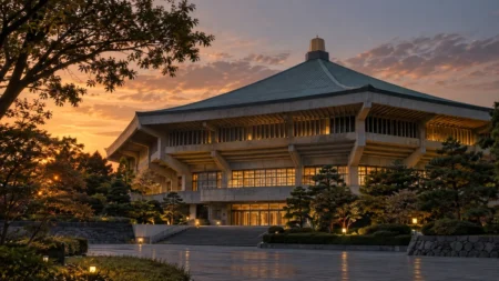 夕暮れの八角形屋根の大きな建物