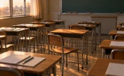 夕方の光が差し込む教室。木製の机と椅子が並び、1席だけ椅子が引き出されて机の上が空いている