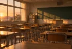 夕日が差し込む無人の学校の教室と木の机と椅子