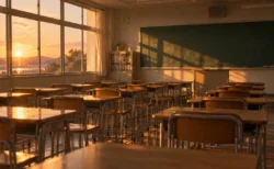 夕日が差し込む無人の学校の教室と木の机と椅子
