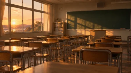夕日が差し込む無人の学校の教室と木の机と椅子