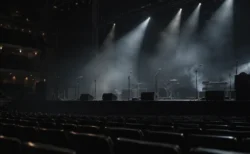 ライブ終演後の無人のコンサートステージ。客席側に向けたスポットライトが残っている