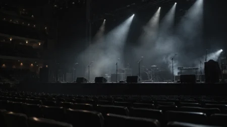 ライブ終演後の無人のコンサートステージ。客席側に向けたスポットライトが残っている