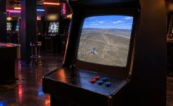 薄暗いゲームセンターのアーケード筐体。画面には荒野の地上絵の上を飛ぶ戦闘機が映っている