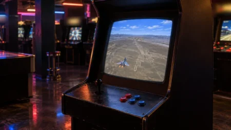 薄暗いゲームセンターのアーケード筐体。画面には荒野の地上絵の上を飛ぶ戦闘機が映っている