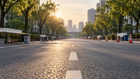 朝の光に照らされたマラソンコースの道路