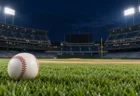 ナイター照明の下、内野の芝生に置かれた硬式ボール