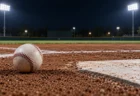 夜の野球場のホームベース付近の白い野球ボールとナイター照明
