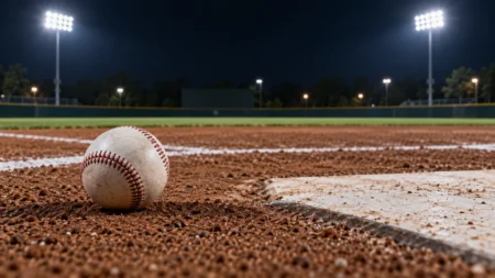 夜の野球場のホームベース付近の白い野球ボールとナイター照明