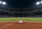 ナイター照明に照らされた無人の野球場。マウンドの上に白い野球ボールが置かれている