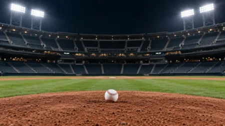 ナイター照明に照らされた無人の野球場。マウンドの上に白い野球ボールが置かれている