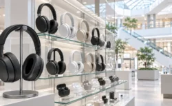 明るい家電売場のガラス棚に並ぶヘッドホンと、奥に広がる吹き抜けの店内
