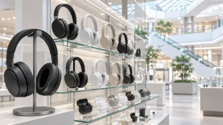 明るい家電売場のガラス棚に並ぶヘッドホンと、奥に広がる吹き抜けの店内