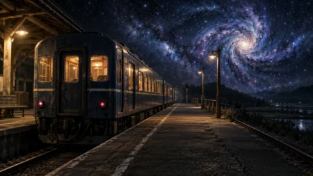 深夜の駅ホームに停車する古い夜行列車と、渦を巻く星々の宇宙が重なる幻想的な光景