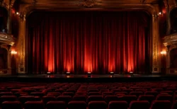 赤い緞帳が下りた劇場のステージと客席、暖色のスポットライト