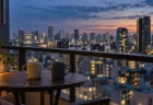 夕暮れの街並みを見下ろすマンションのベランダに並ぶ2つのマグカップ
