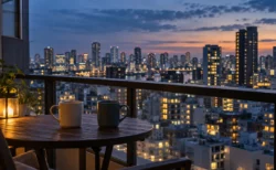 夕暮れの街並みを見下ろすマンションのベランダに並ぶ2つのマグカップ