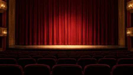 劇場の客席から見た幕の下りた舞台と柔らかなスポットライト