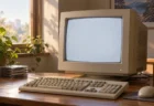 朝の光が差し込む部屋の机に置かれた、古いブラウン管モニターとキーボード