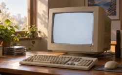 朝の光が差し込む部屋の机に置かれた、古いブラウン管モニターとキーボード