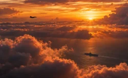 夕焼けの雲海の上空を飛ぶ戦闘機と、海上を進む空母のシルエット