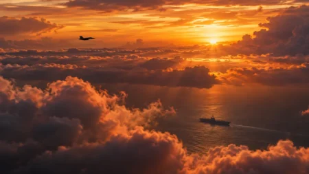 夕焼けの雲海の上空を飛ぶ戦闘機と、海上を進む空母のシルエット