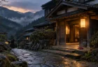 夕暮れの山あいに建つ古い木造の宿と灯り