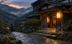 夕暮れの山あいに建つ古い木造の宿と灯り