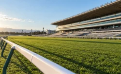 冬の午後の競馬場、芝コースのゴール前と無人のスタンド