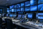 多数のモニターと操作卓が並ぶテレビ局の副調整室のイメージ