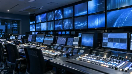 多数のモニターと操作卓が並ぶテレビ局の副調整室のイメージ