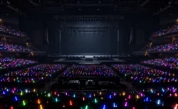 暗いアリーナのステージとペンライトの光