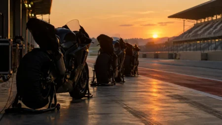 夕方の光に照らされたサーキットのピットレーンとレーシングバイク