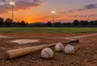 夕暮れのグラウンドに置かれたノックバットと野球ボール