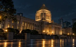 夜の官庁街に建つ石造りの建物と街灯